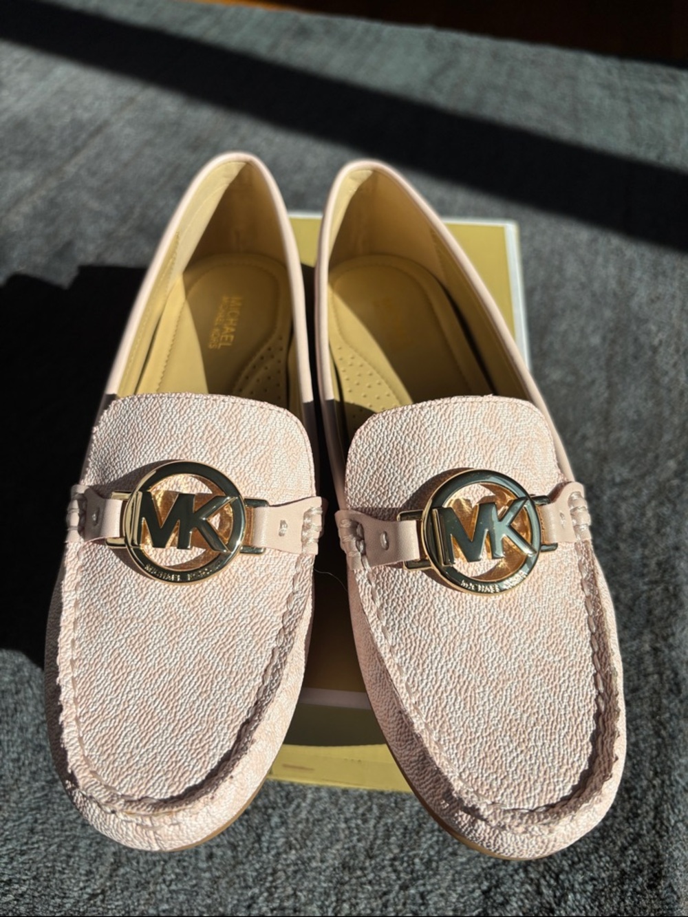 Michael Kors Blush Pink Pebbled Leather MK Logo Loafers- Fulton Driver